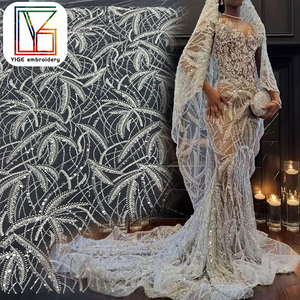 Tessuto in Pizzo Africano di Lusso, <span class=keywords><strong>Tulle</strong></span> <span class=keywords><strong>Bianco</strong></span> con Perline e Paillettes, Tessuto in Pizzo Ricamato per Abiti da Sposa e da Sera - Product Image 1