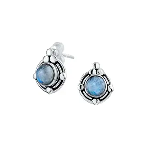 925 Sterling Silver Jewelry Circle Earring Bezel Setting Pale lapis Oxidized Gemstone Earrings Women