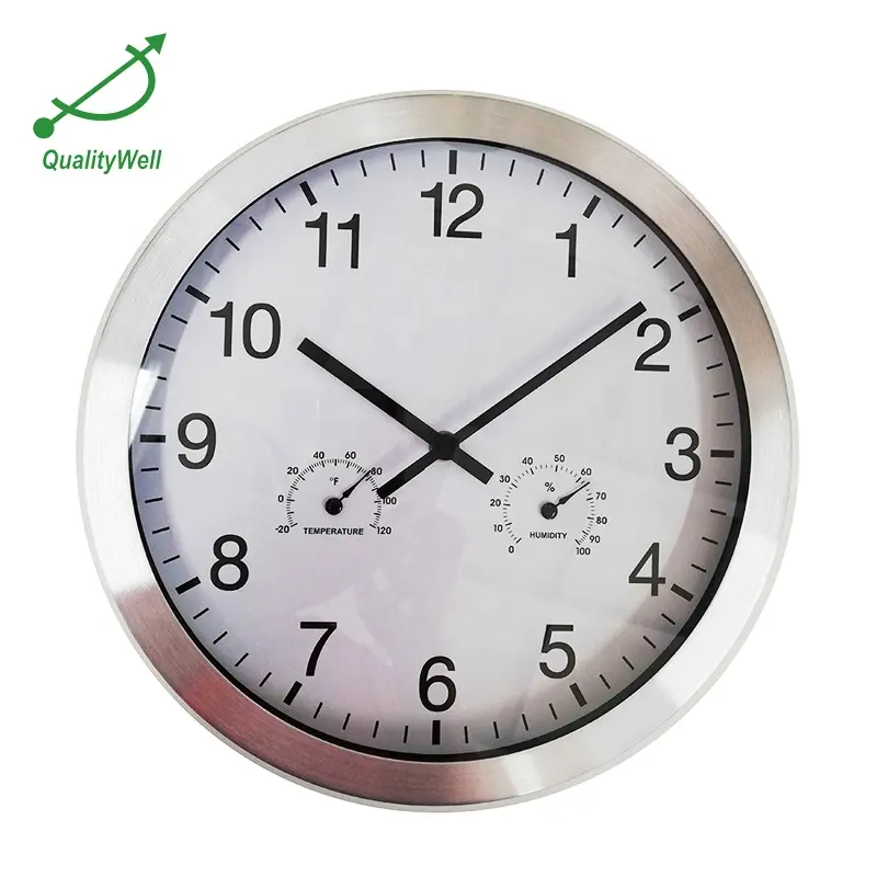 Aluminium Round Metal Frame Wall Clock Thermometer Hygrometer