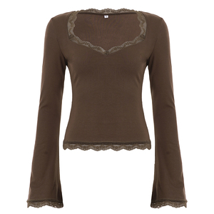 Camiseta Casual de Manga Longa com Decote Quadrado para Mulheres, Ajuste Regular, Elegante com Detalhes em Renda, Top de Malha em Spandex/Poliéster - Product Image 4