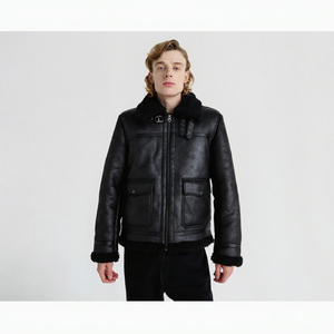 Men's Genuine <b>Leather</b> Bomber <b>Jacket</b> With Faux Fur Lining Zipper Closure Windproof <b>Winter</b> Moto Style Regular Fit - Product Image 3