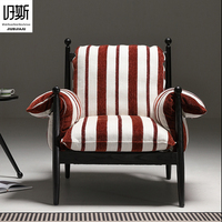 Fauteuil à cadre en bois postmoderne rayé, rembourré en coton doux, dossier capitonné, housse amovible, pour appartement, hôtel, usage extérieur et de loisirs