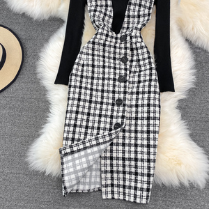 เสื้อสเวตเตอร์แขนยาวและเดรสมินิลายสก็อตสำหรับผู้หญิงมาใหม่ชุด2ชิ้น - Product Image 2