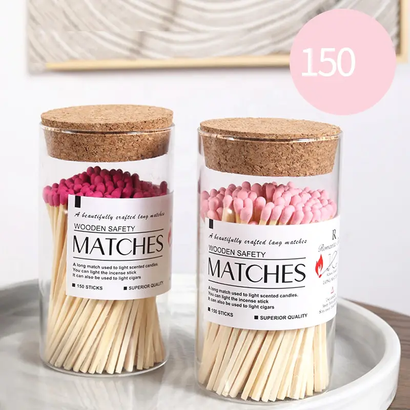 4 in Colorful Custom Candle Wooden Long Safety Pink Glass Matches Jar Wooden Matchstick in Bottle