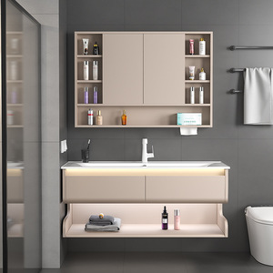 Wholesale Modern Luxury Cream Grey Wood Lacquer Bathroom Vanity Sets with Ceramic Basin Smart Mirror Wall-Mounted - Product Image 1