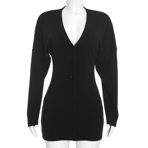 Viviblook Y26DS317 Women Autumn New Solid Color Deep V-Neck Button Back Casual Mini Bodycon <b>Dress</b> for Women - Product Image 1