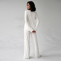 Ensemble de vêtements de détente pour femmes, imprimé cœur, tricot côtelé, ensemble pyjama, ensemble de nuit, haut à manches longues col rond, pantalon large, vêtements de nuit