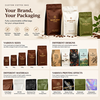 Sachet de café OEM 250g 500g 1kg, qualité alimentaire, pour bonbons et biscuits, emballage personnalisé à fond plat avec fermeture éclair et valve pour grains de café