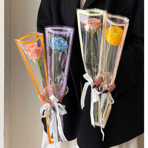 تمنيات جميلة: حقيبة فردية، شفافة، عبوة زهرة وردية واحدة، تغليف زهور، ورق باقة زهور. - Product Image 4