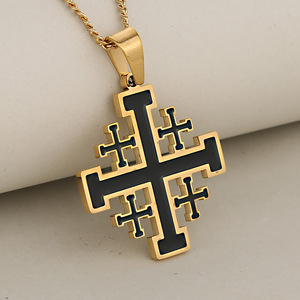Collier Croix en Acier Inoxydable Rouge Noir Argent Or, Plaqué Or 18K, Style Chrétien Religieux de Jérusalem, pour Anniversaires et Occasions Spéciales - Product Image 3
