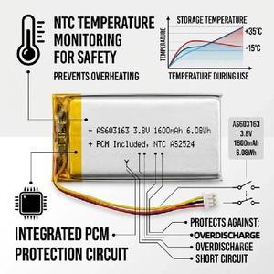 แบตเตอรี่ลิเธียมโพลิเมอร์แบบโซลิดสเตต 1600mAh 3.8V พร้อมระบบควบคุมอุณหภูมิ NTC และแผงวงจรพิมพ์ในตัว สำหรับอุปกรณ์อิเล็กทรอนิกส์ - Product Image 2