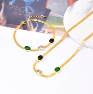 2023 Women High Quality Jewelry Set 18k Gold Plated Fashion Geometric Manmade Emeralds Stainless Steel Jewelry Set Wholesale