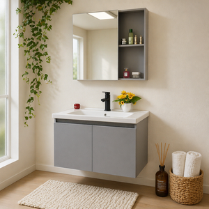 <span class=keywords><strong>Mobile</strong></span> <span class=keywords><strong>Bagno</strong></span> Sospeso in Acciaio Inox con Specchio Quadrato, Doppie Ante Grigio Opaco, Unità Vanity Flottante per Progetti Moderni - Product Image 1
