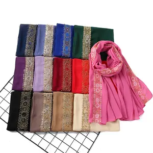 Heavy Chiffon Hijab Solider Color Long Soft Wrap Shawl Sequins Beaded Pearls Scarf