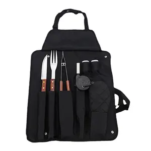 Barbecue Suit Outdoor BBQ Combination Grill 8 Pieces Wooden Handle Grill Cooking Apron Tool Set