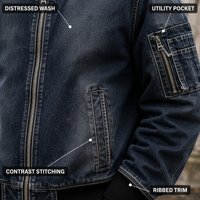 Blouson Bomber Homme en Denim Lourd Délavé Effet Vieilli Personnalisé Coupe Oversize Boxy avec Fermeture Éclair Côtelée et Broderie Style Urbain