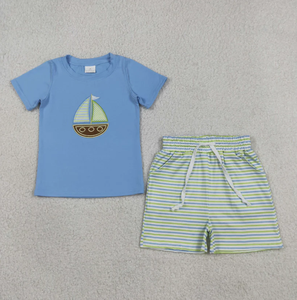 Baby Boys Embroidery Boats Blue Shirts Top Stripe Pockets <b>Shorts</b> Clothes Sets Sleeveless Stripe <b>Rompers</b> - Product Image 2