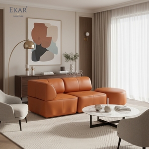 Sofá Modular de Cuero EKAR <span class=keywords><strong>Valencia</strong></span> con Otomana Redonda en Vibrante Color Naranja - Product Image 3