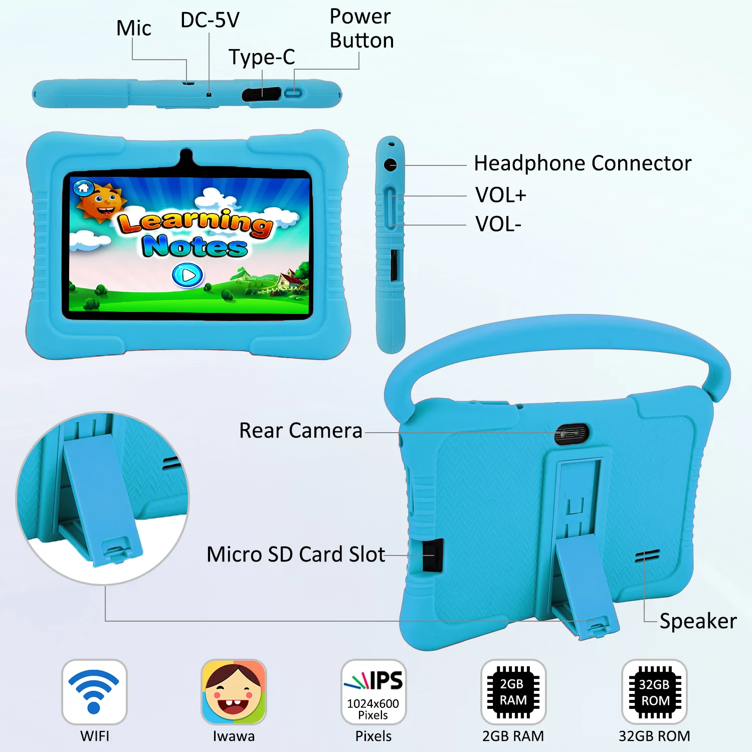 Veidoo 7 Zoll Android Tablet für Kinder 2GB RAM 32GB Speicher Lern-Apps Kinder sicherung Kleinkind Tablet mit Silikon hülle