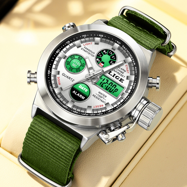 LIGE LG89228 Heavy Duty LED Sport Tactical Digital Mens Watch Green Nylon Waterproof Rugged Watch for Men Alarm Stopwatch+Box
