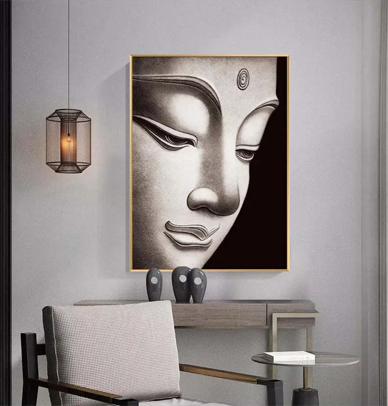 Professionale grande opera d'arte religiosa su tela Wall Art Decor Buddha Face Paintings con cornice pura pittura a olio dipinta a mano al 100%