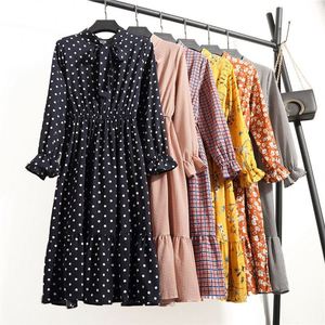 Abito Casual Autunnale da <span class=keywords><strong>Donna</strong></span>, Stile Coreano Vintage con Stampa Floreale, Vestito in Chiffon a Maniche Lunghe con Fiocco, Abito Estivo Midi - Product Image 1