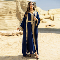 Ensemble élégant en polyester avec broderie en dentelle dorée, abaya ouverte, deux pièces, col en V, robe maxi kaftan musulmane pour les occasions de fête formelles