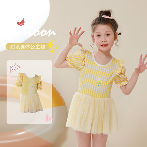 Traje de Baño de una Pieza para Niñas Baiya, Amarillo a Cuadros, Estilo Princesa, Malla Elástica, Secado Rápido, 6-10 Años - Product Image 2
