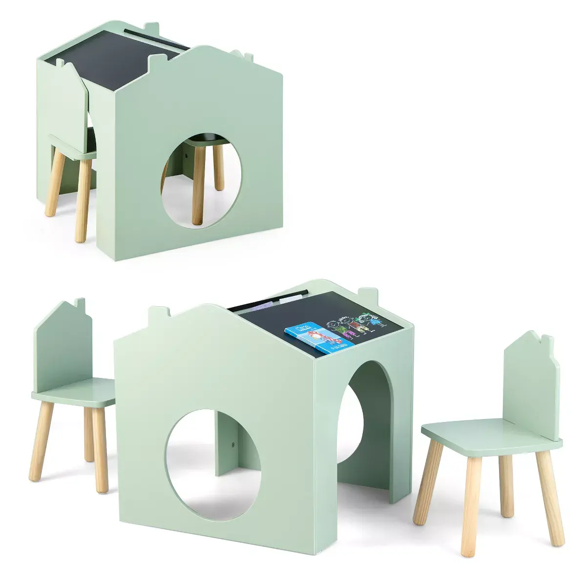 Bambini verde sensoriale tavolo in legno e sedia con lavagna per il disegno di lettura bambini tavolo da studio