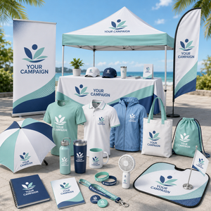 Collection de cadeaux promotionnels pour le marketing d'événements, comprenant une bannière de fond de tente promotionnelle, des articles de boisson, des parapluies, des carnets et des sacs, et une tente d'exposition - Product Image 2