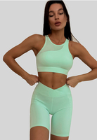 Ensemble de vêtements de sport actifs pour femmes, shorts de yoga de fitness, logo personnalisé, maille à empiècements, ensemble de 2 pièces, soutien-gorge de yoga, pantalon de course