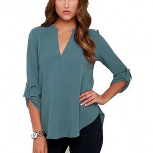 Kemeja lengan lipat Solid longgar ukuran Plus <span class=keywords><strong>5XL</strong></span> wanita sifon lengan pendek atasan blus kasual kerah v seksi - Product Image 4