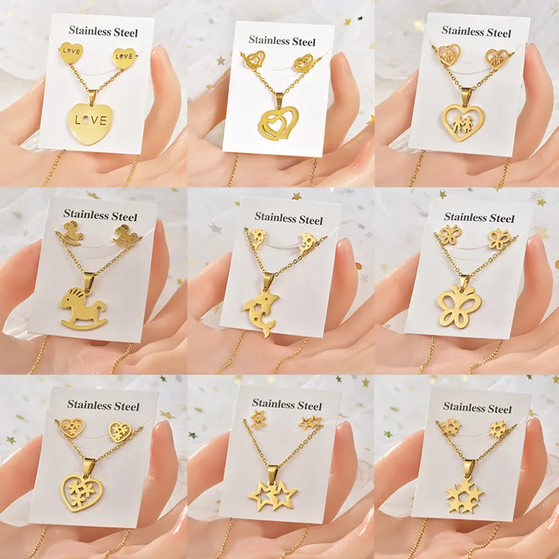 New Fashion Bridal Gold 316L Stainless Steel Heart Love Star Snowflake Pendant Necklace Earrings Jewelry Set For Women