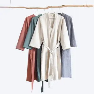 Yeni rahat pamuk keten Unisex Kimono bornoz çift otel Spa Robe pijama