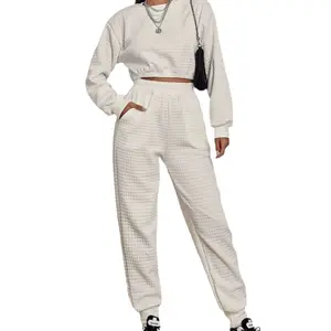 High Quality Heavyweight Factory Wholesale Best Price Custom Fall White Fleece Cotton Women Crop Top Sweatsuit