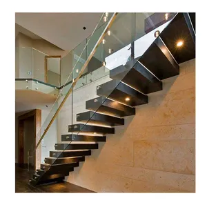 室内浮动楼梯玻璃栏杆室内直楼梯安装墙壁木质胎面钢纵梁楼梯