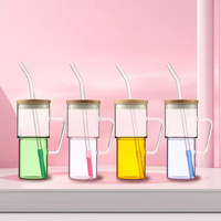 Bouteille d'eau transparente colorée avec paille, en verre cristallin 615 ml, avec couvercle, portable et tenable en main
