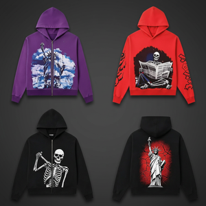 Sweat-shirt à capuche zippé en coton délavé vintage, imprimé graphique, style streetwear hip-hop, veste pull-over respirante et écologique pour homme, idéal pour le printemps - Product Image 3