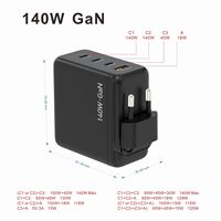 Cargador de Pared GaN de 140W con 3 Puertos USB-C PD + 1 Puerto USB-A QC, Pantalla Digital de Potencia, Enchufe Estadounidense, Cargador Rápido Multipuerto, Bloque de Carga Rápida PD QC