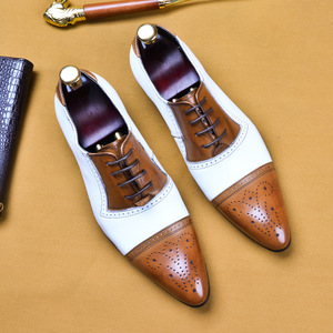 <strong>Men</strong> Two Tone White <strong>Tan</strong> Cap Toe <strong>Brogue</strong> Oxford Shoes Color Block Lace up Pointed Toe Formal Business Wedding Dress Shoes Wholesale - Product Image 2