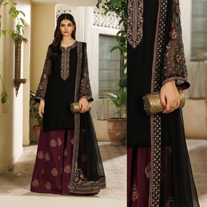 Dupatta en soie noire Fashionista International, broderie dorée, longueur au sol, coupe ample, réversible, élégant, style indien pakistanais - Product Image 1