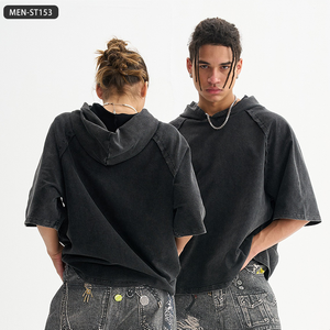 เสื้อยืดมีฮู้ดแบบพรีเมี่ยมวินเทจมี100% สำหรับผู้ชายเสื้อแขนสั้นผ้าคอตตอนแขนแร็กแลนซักได้แนวสตรีทย้อนยุคเสื้อแขนสั้น - Product Image 1