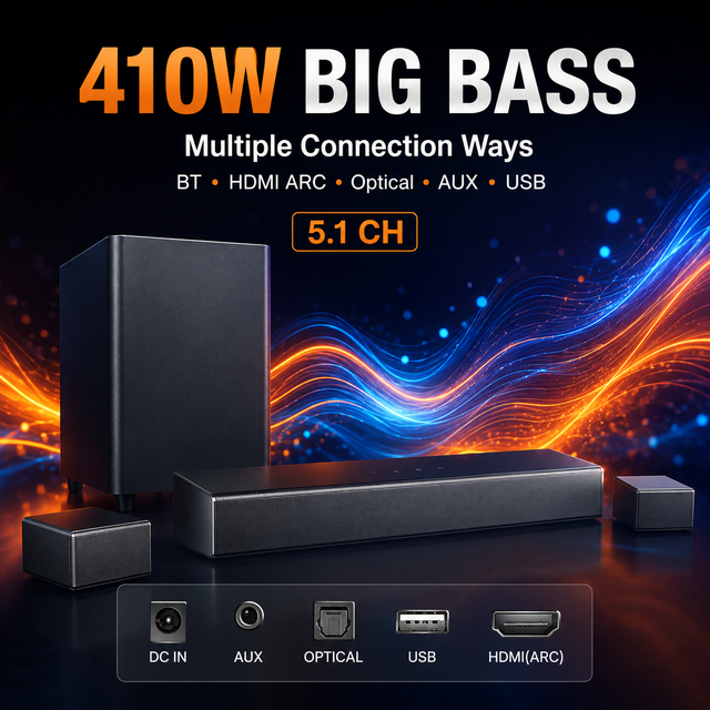 TV Surround Soundbar 5.1 Channel 410W with Wireless Subwoofer, DSP Tuning, Rear Speakers, HD EARC and USB Playback