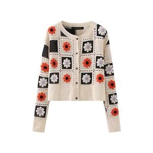 Cárdigan de punto floral para mujer, manga larga, cuello redondo holgado, bordado calado, estilo primavera-otoño - Product Image 1