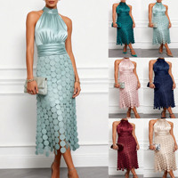 Robe longue élégante sans manches pour femme, style patchwork uni, col rond, idéale pour les fêtes et les vacances, tenue streetwear