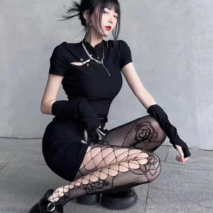 Collants transparents en soie imprimés sur mesure pour femmes, chaussettes hautes ajourées noires sexy et matures - Product Image 1
