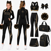 Setelan Cheerleading Personalisasi Custom Hitam Emas Logo Berhias Berlian Imitasi Jaket Ritsleting Penuh Celana Slim Pakaian Latihan Tim