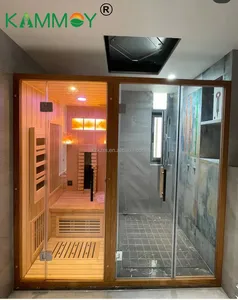 Generador de vapor de cuarto de baño con infrarrojos lejanos, para bañeras de spa, habitaciones de sauna, con cicuta de madera maciza, de vidrio templado, barril de Sauna