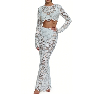 Slim Hollow Lace See-through Tops Half-body Skirt Women's <b>Sexy</b> 2-piece <b>Set</b> Fashion - Product Image 1