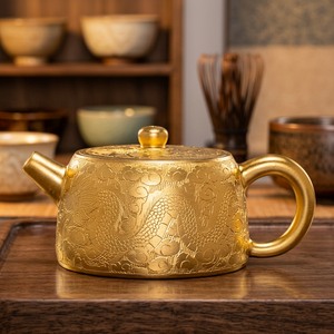 กาน้ำชาทองคำแบบจีนโบราณ ลายมังกร กาโลหะมีฝาและหูจับ - Product Image 2
